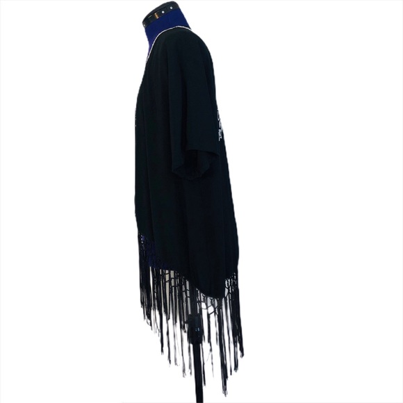 Black and White Embroidered Fringe Shawl Cardigan - Picture 3 of 13